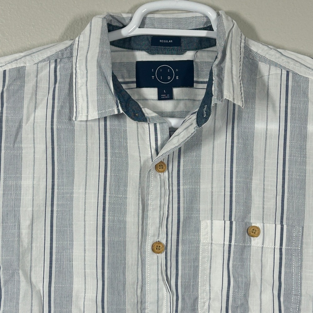 Even Tide Mens Regular Fit Blue White Striped Cotton Short Sleeve Shirt Large